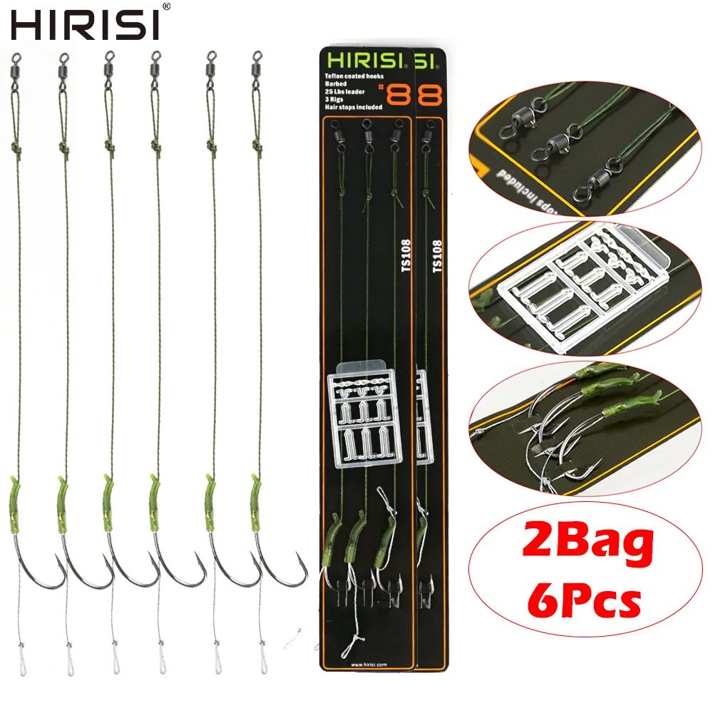 Hirisi TS108, 6 Piezas, Aparejos de Pesca de Carpa Pre-Atados con Anzuelo y Línea Recubierta, Anzuelo con Barba, Anti-Enredos, Accesorios de Pesca de Carpa