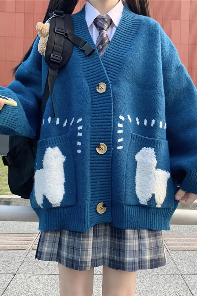 

Korobov Korean Preppy V-neck Long Sleeve Single Breasted Pockets Jacquard Casual Loose Knitted Cardigan