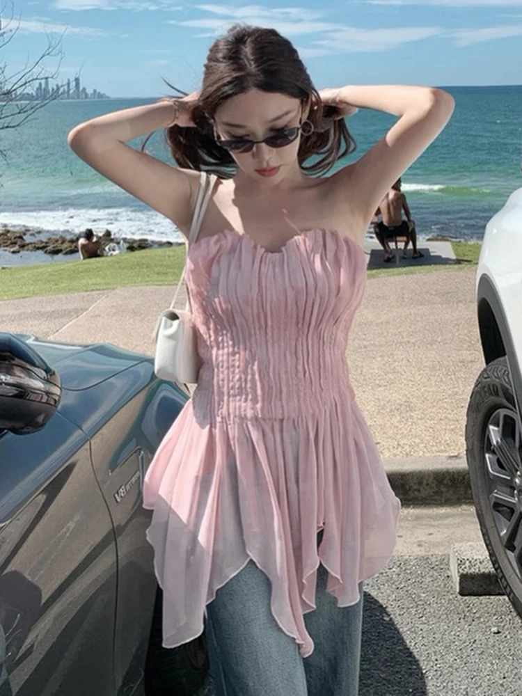 2026 New Summer Pink Strapless Chiffon Corset Top for Women Sweetheart Neck Smocked Waist Asymmetrical Ruffle Hem Bustier