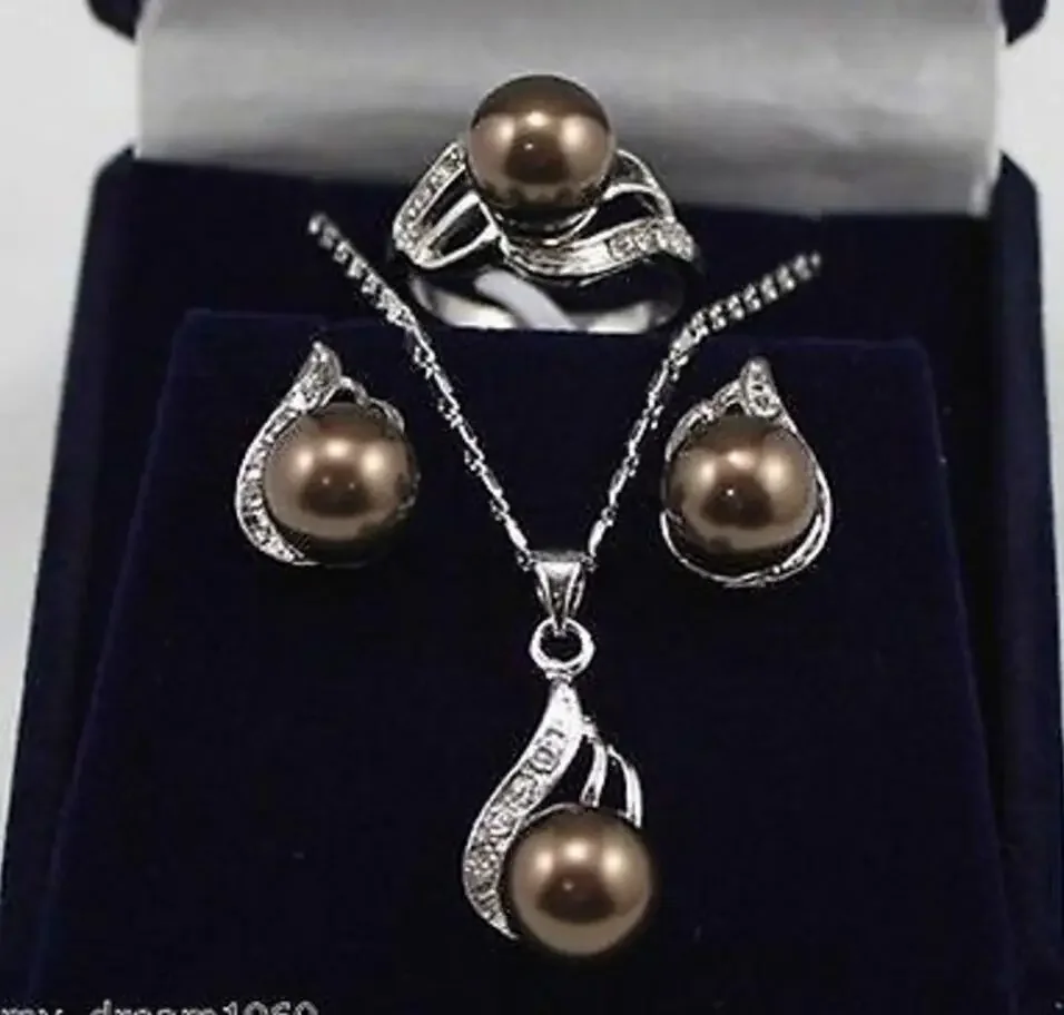 

Fashion jewelry Genuine 10mm Brown South Sea Shell Pearl Earrings Pendant Necklace Ring Set 789