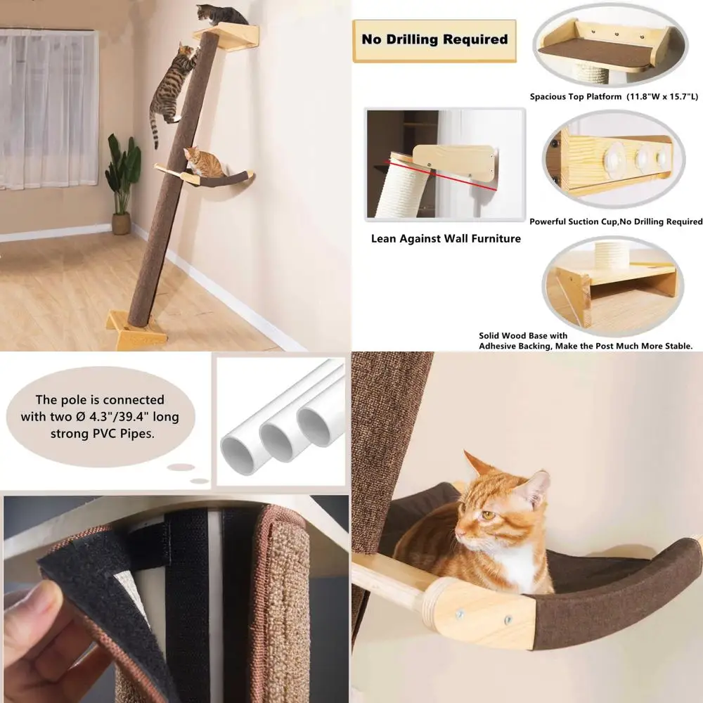

78.7 Inch Tall Leaning Wall Cat Tree with Scratching Post, Bed, Hammock, and Climbing Pole