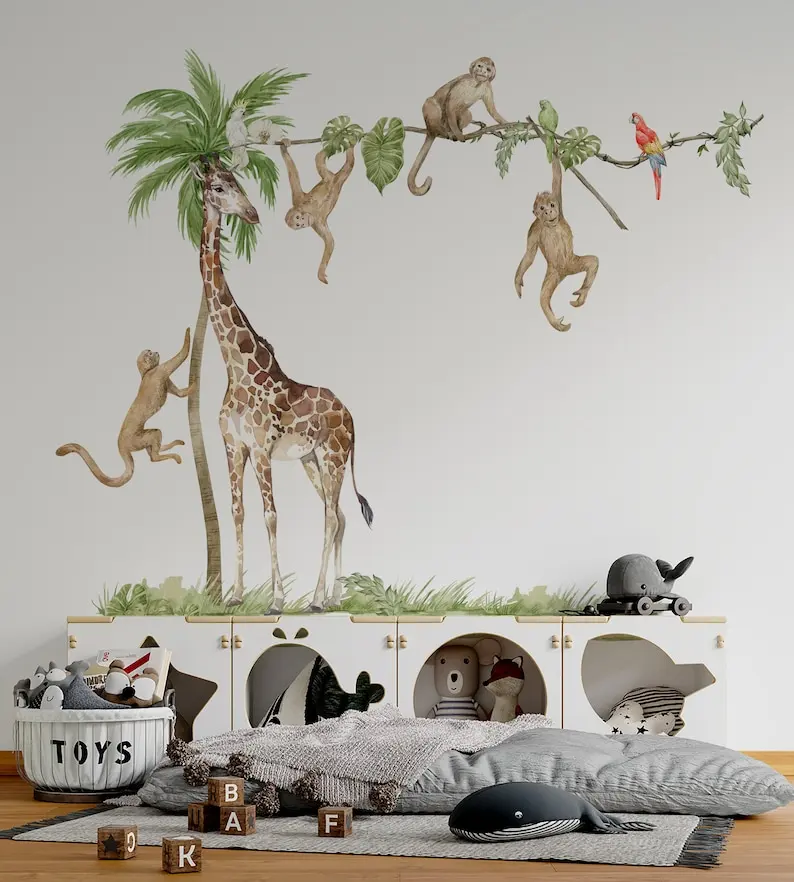 Safari Wall Decal Big Set, savanna Wall decal for kids, safari nursery decor, giraffe wall decal, zebra stickers, tiger sticker