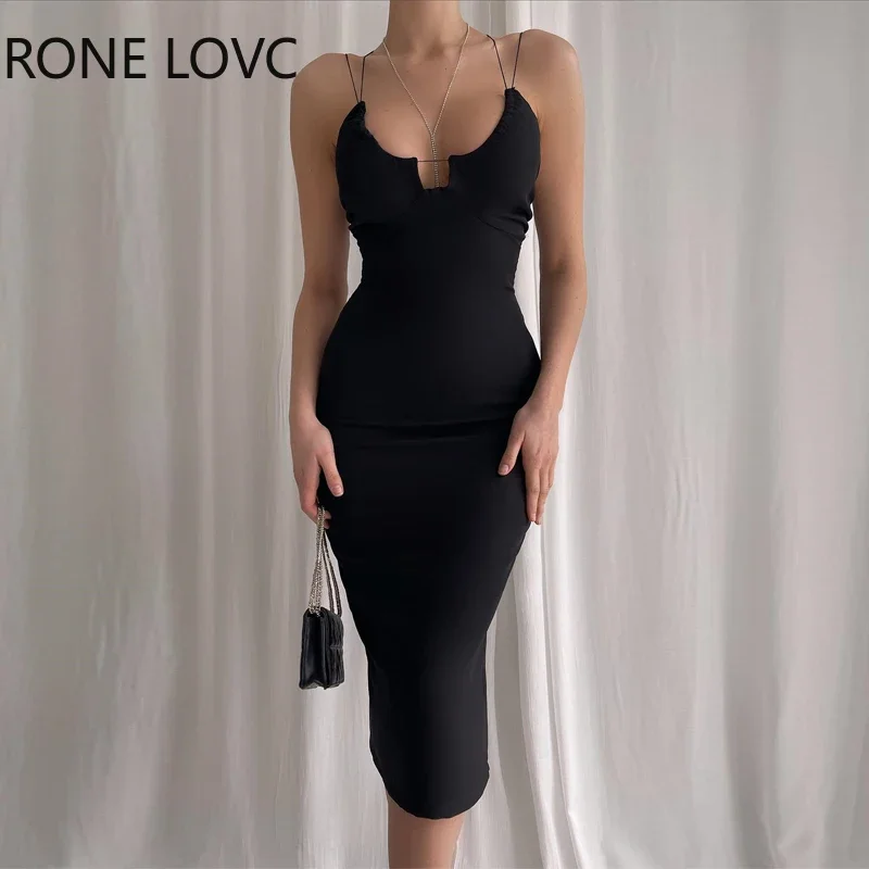 

Women Sexy Solid Spaghetti Straps Silt Maxi Sexy Midi Bodycon Formal Party Black Dresses