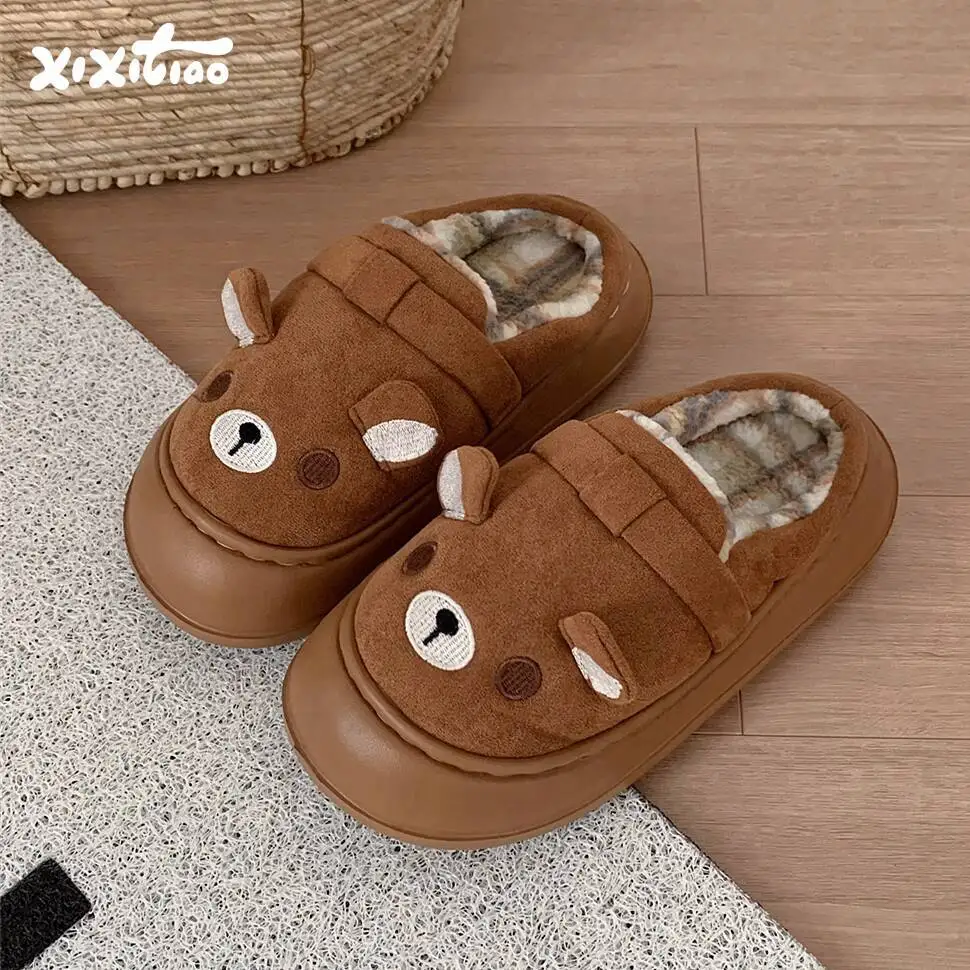 

Women's Cute Bear Fleece Home Slippers Autumn Winter Ins Style Warm Soft For Students Indoor Household Slippers