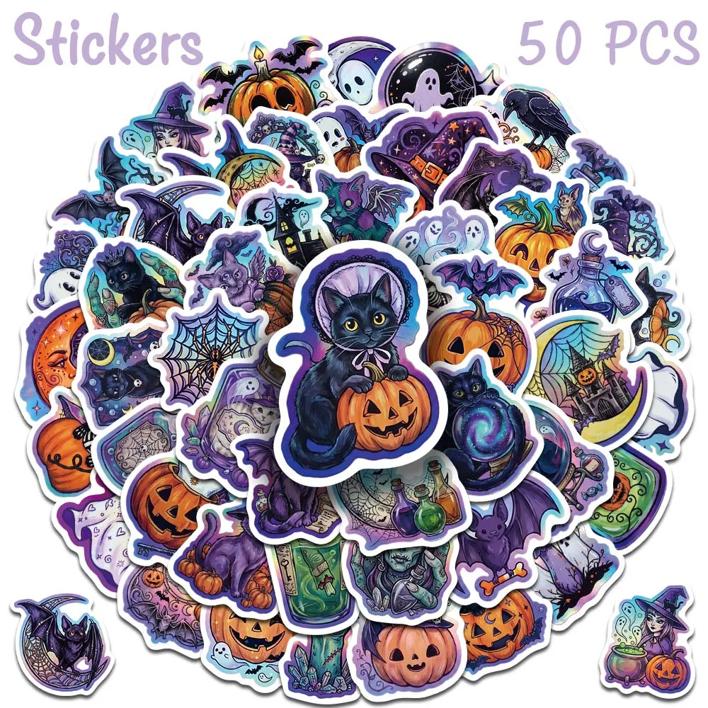 50pcs Halloween Laser Film Stickers Holographic Cute Spooky Ghost Pumpkin Witchy Decals For Laptop Guitar Scrapbook Party Gifts