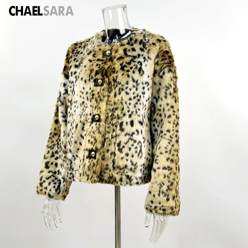 Women's Leopard Faux Fur Coat - Warm Button-Front Jacket