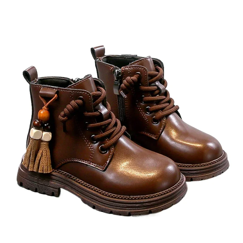 

Размер: 26-36, осенние новые короткие кожаные сапоги для девочек, стильная обувь принцессы в стиле ретро на мягкой подошве для детей