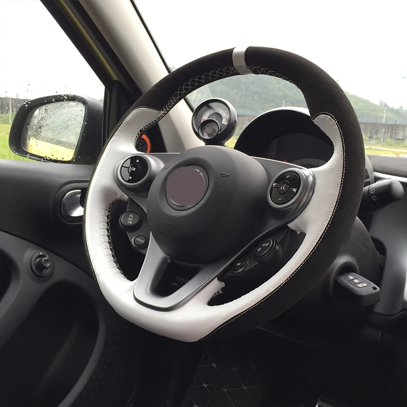 Car Leather Steering Wheel Protector Cover Cowhide Braid Auto Steering Wheel for Smart 453 Fortwo Forfour Interior Accessories