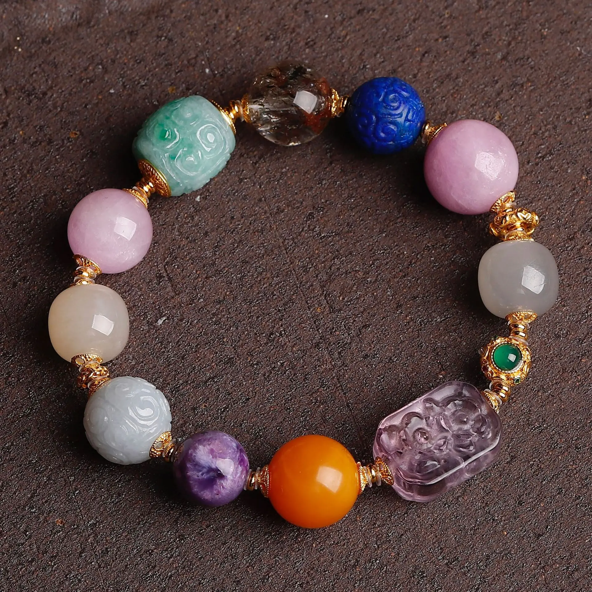 

Natural Multi-Gemstone Bracelet, Amber Charoite Jade Hetian Lapis Kunzite Black Gold, Colorful Crystal Jewelry Gift