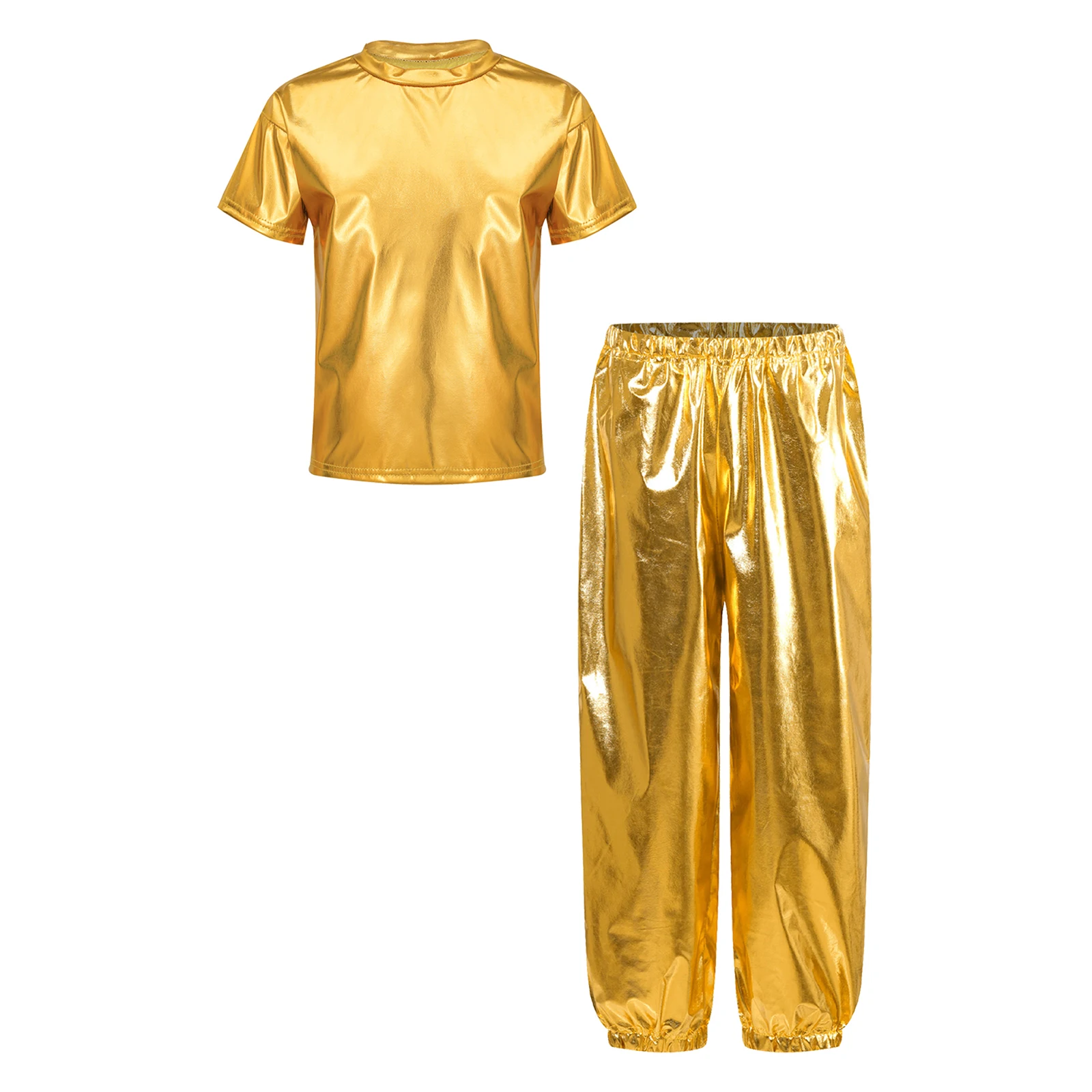 

Kids Girls Boys Fashion Clothes Set Metallic Shiny T-shirt with Pants Suit for Jazz Hip Hop Street Dance Performance Costume