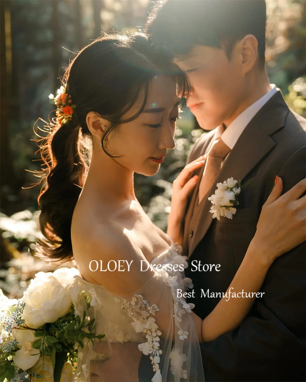 OLOEY Elegant Ivory Long Wedding Dress Korea Photoshoot Appliques Tulle A Line Bridal Gown Off Shoulder Pleats Custom Made