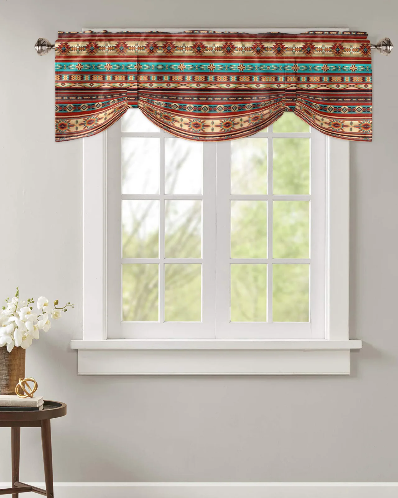 Bohemian Art Geometric Graphics Window Valance Curtain Kitchen Cafe Short Curtains Living Room Tie-Up Valance Curtain