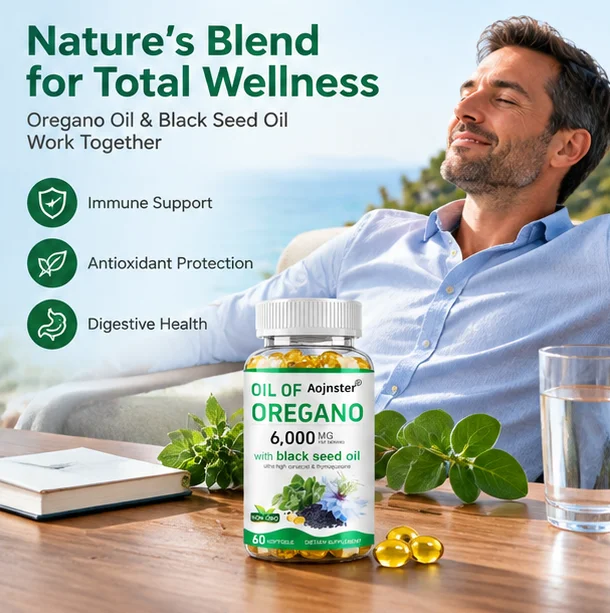 6000mg Oil of Oregano Plus Black Seed Oil Capsules,Non-GMO Formula,Rich in Carvacrol and Thymoquinone,Nutritional Supplement