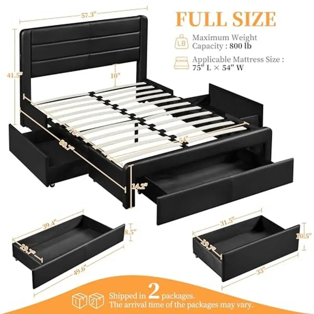 Full Size Platform Bed Frame with 2 USB Charging Ports and 3 Storage Drawers Upholstered Leather Solid Metal Support System