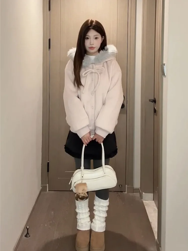 Sweet Sle Women's Baseball Jaet with Fur Collar Bow Tie Hooded Coat Korean High-End Feel Autumn Winter New Arrival