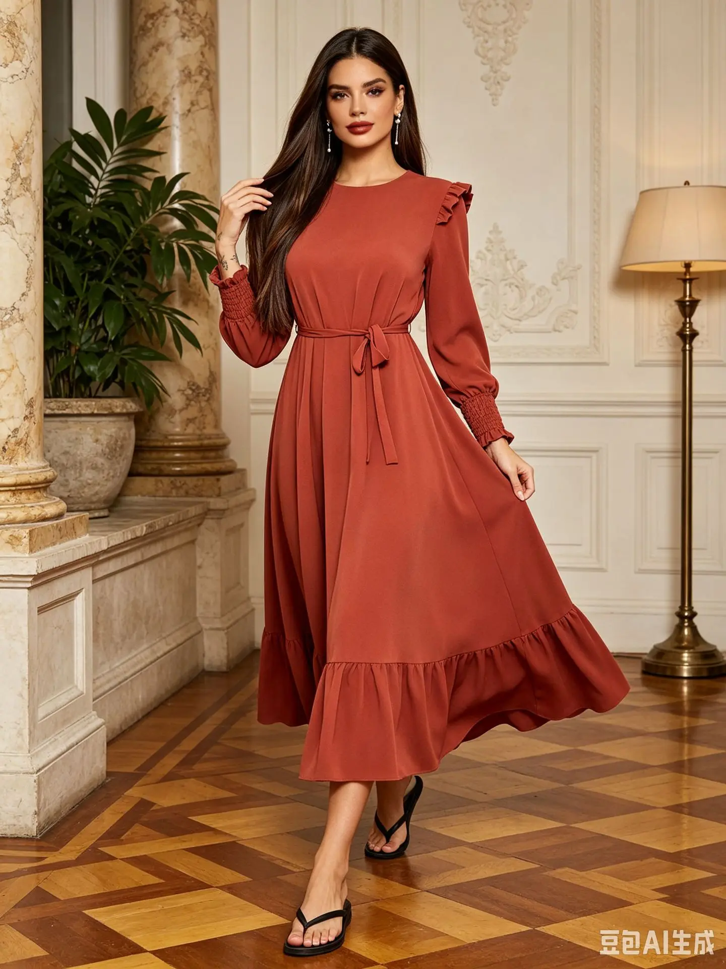 Damen Langarm-Rüschen-Maxikleid mit Gürtel, Lässiges Büro-Party-Swing-Kleid, O-Ausschnitt, Lange Kleider, Herbst-Winter, Vestidos 2027 – Detail 3