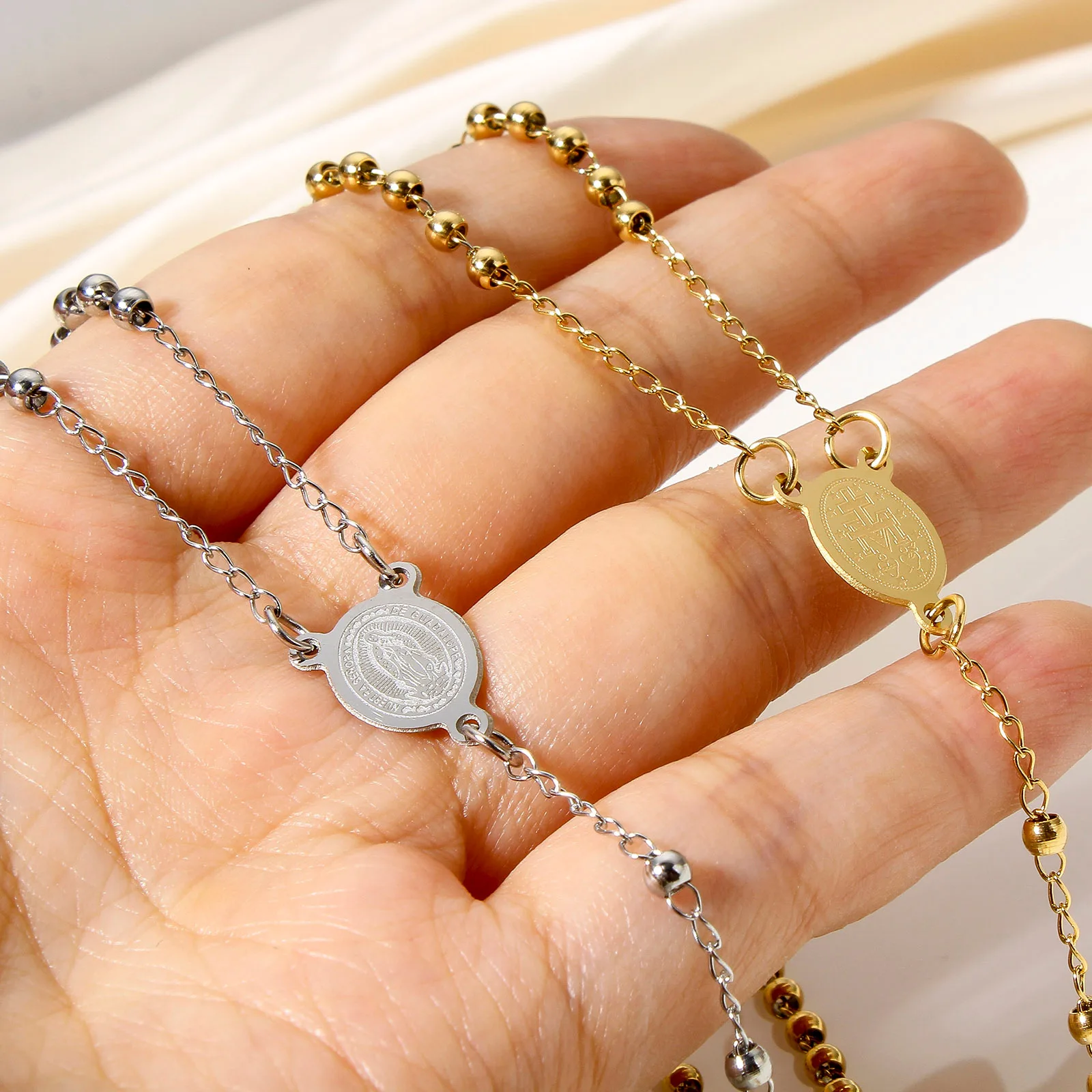 Stainless Steel Religious Link Cable Chain Necklace Cross Virgin Mary Prayer Beads For Women Gifts 49cm(19 2/8\