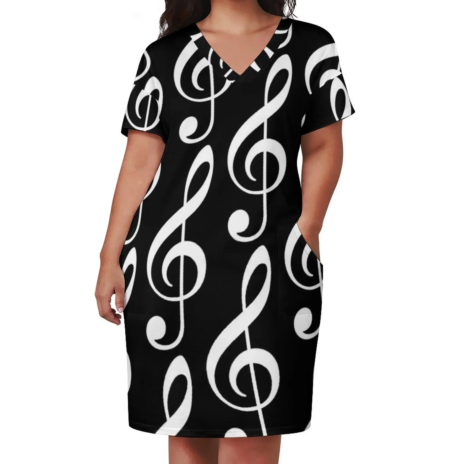 White Treble Clef on Black Loose Pocket Dress dresses for womens 2024 Women