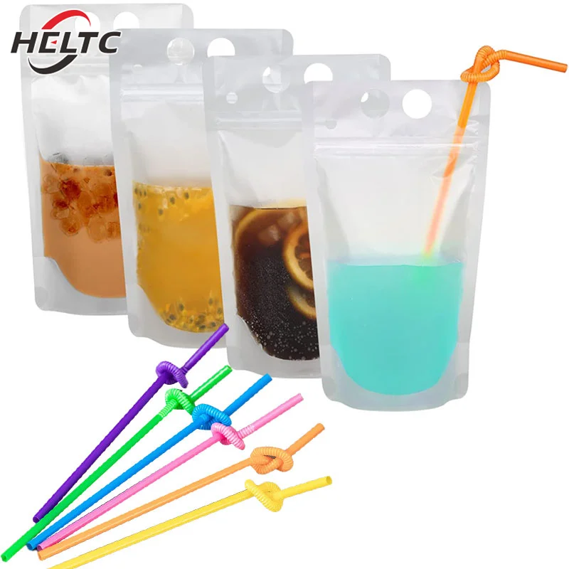 1pcs Zipper Plastic Pouches Drink Bags Hand-Held Translucent Frosted Reclosable Stand-up Bag Bottom Gusset