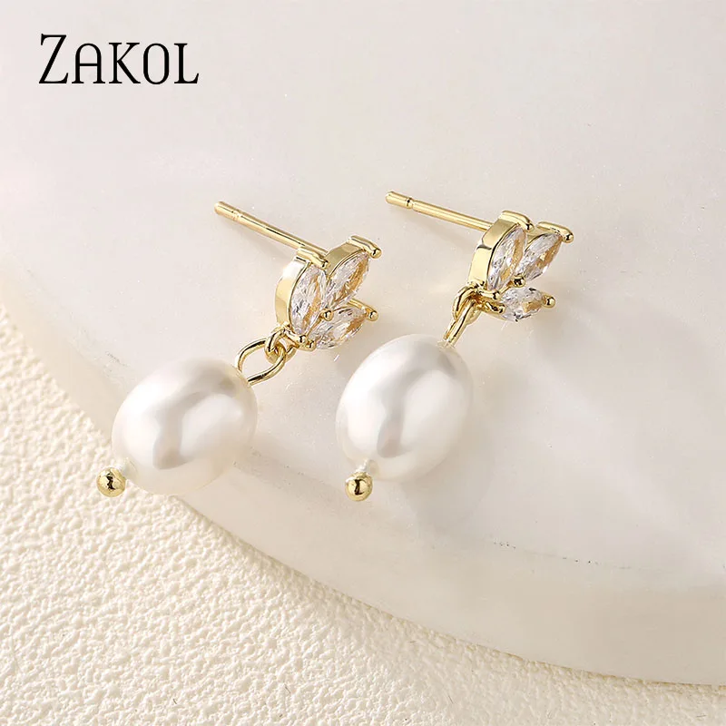 ZAKOL Simple Leaf Cubic Zircon Drop Earrings for Women Fashion Imitation Pearls Bridal Earring Wedding Jewelry EP5377