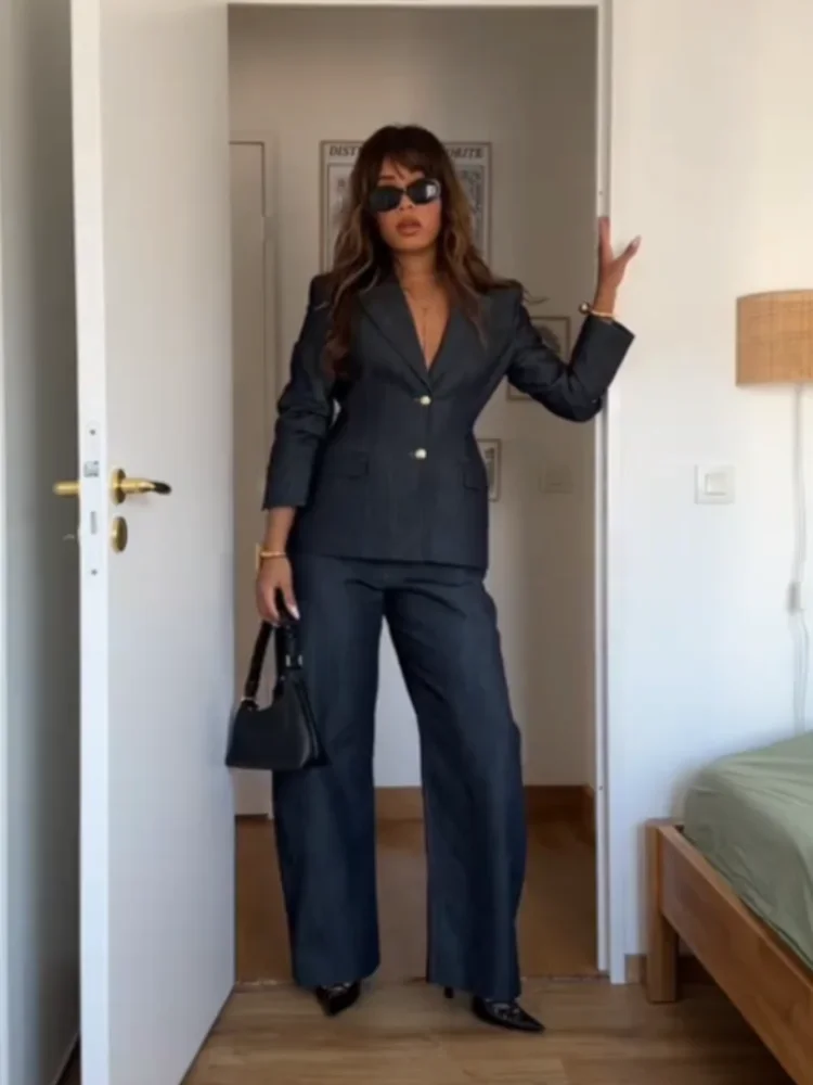 Denim Blazer Coat Tube Top Pants Sets 3 Pieces Women 2025 Spring Notched Button Up Suits Jacket Vest Wide Leg Trousers Suits