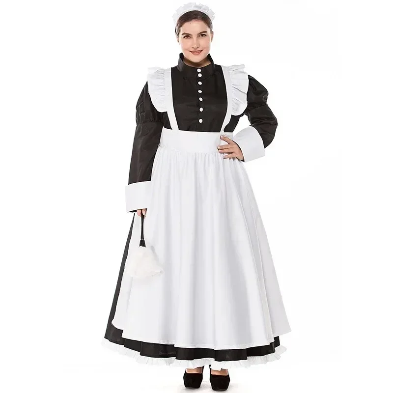 S-XXL Colonial Victorian Maid Halloween Costume Women Servant Festival Carnival Cotton Dress Housekeeper Apron Outfit For Adult