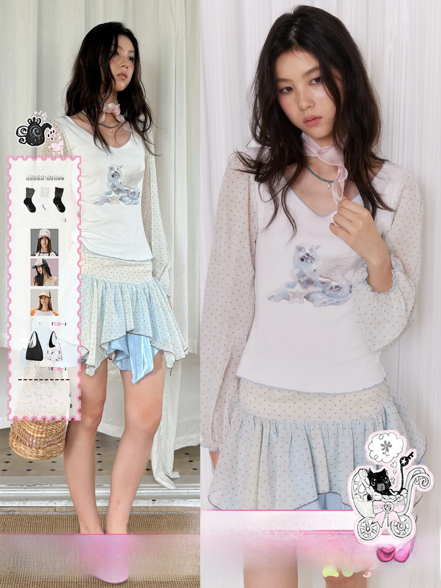 

NECY Original Angel Net Lantern Sleeve Top Women's Summer Polka Dot Short Skirt Sweet Two-Piece Set Cleanfit Standard