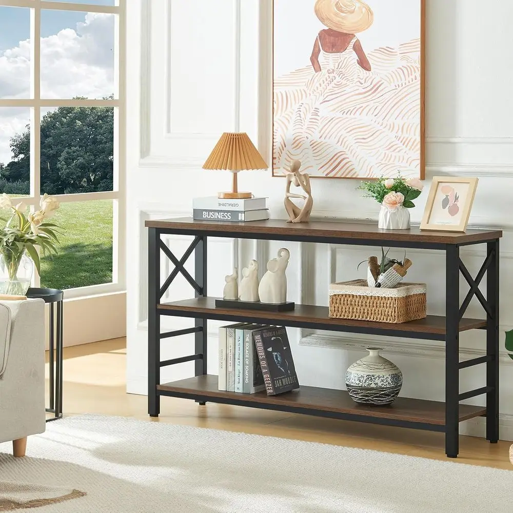 طاولة كونسول خشبية هندسية على الطراز الصناعي مع لمسات معدنية، 55 رف ريفي من 3 طبقات للمساحات المعيشة والممرات في الحاجب #3