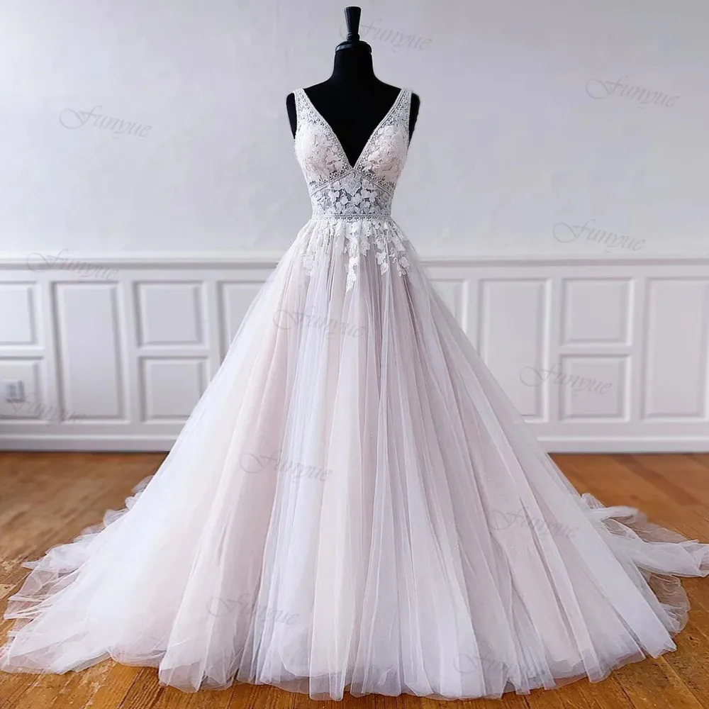 

Sexy V-Neck France Lace Bridal Dresses Vintage A-Line Tulle Wedding Gowns for Women 2024 Bride Ivory Robes De Mariée