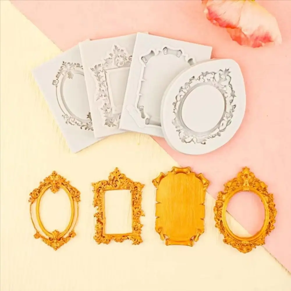 4Pcs Baroque Photo Frame Fondant Molds Embossed Design DIY Craft Air Dry Clay Molds Solid Color Vintage Silicone Frame Molds