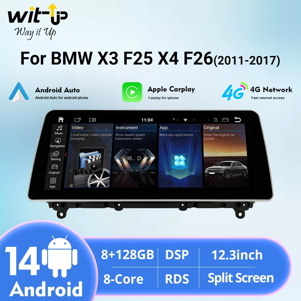 Wit-Up GPS Navigator For BMW X3 X4 F25 F26 Android 14.0 Touch Screen Radio Carplayer with CarPlay Bluetooth Carstereo