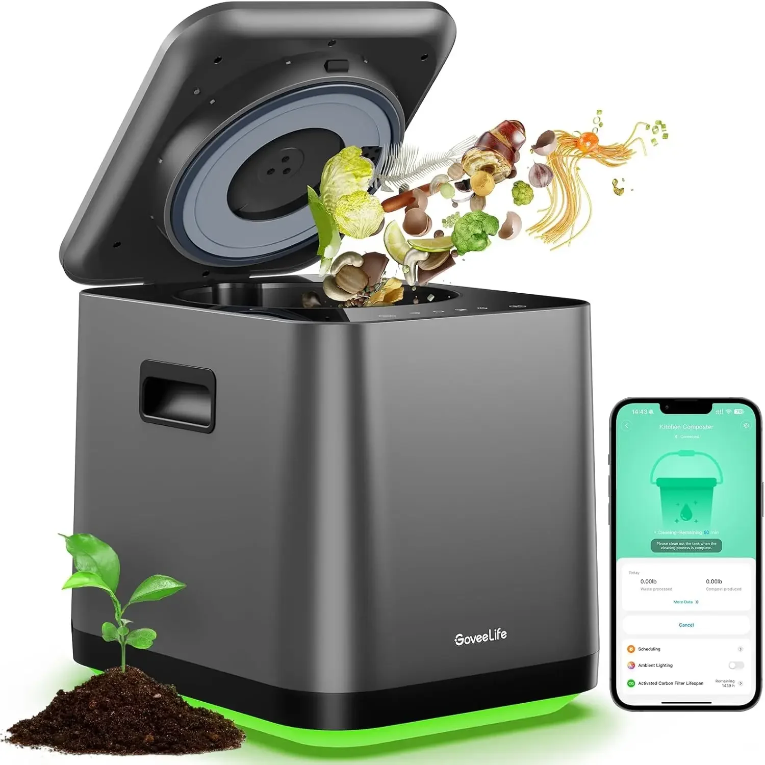Compostador Eléctrico Inteligente para Cocina, Contenedor de Compost de 3L para Interiores con Control por Aplicación y Voz, Autolimpieza, 3 Modos, Convierte Desechos de Alimentos