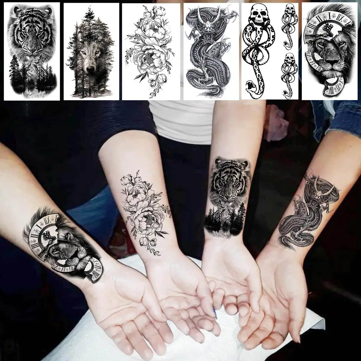 52 Sheets Black Skull Temporary Tattoos For Men Women Arm Neck Tattoos Paste Fake Small Flower Mountain Snake Animals 3D Tattoos