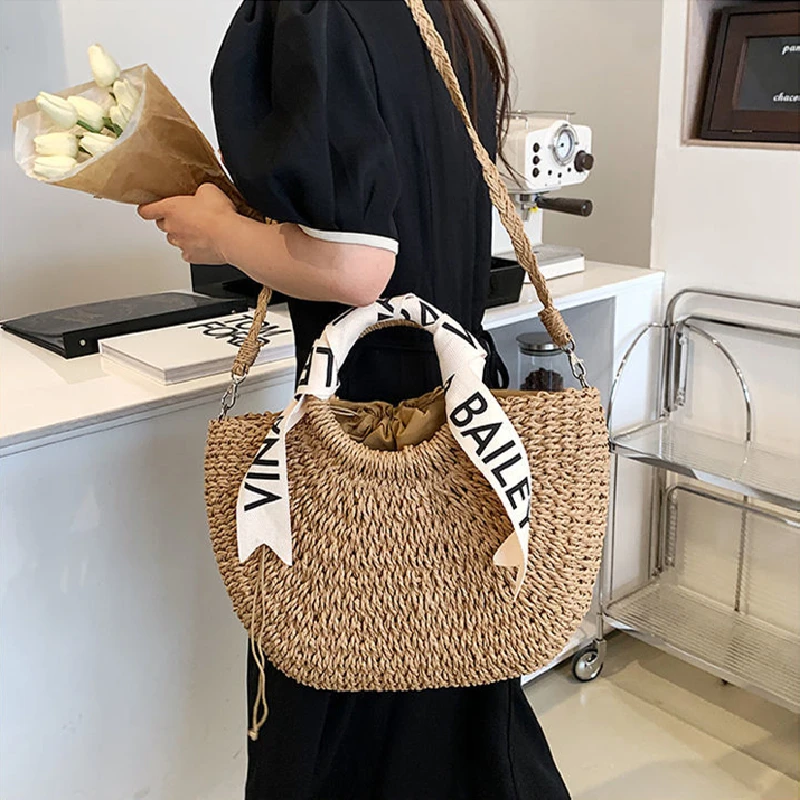 Letter Scarf Straw Handbags for Women, Beach Bags, Vintage Casual Shoulder Bags, High Capacity, Semi-circle Tote, Summer