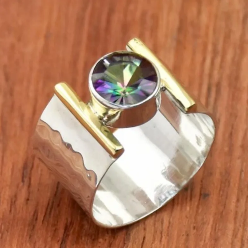 Vintage-Ring für Damen mit mehrfarbigen Zirkonia-Steinen, trendiger zweifarbiger geometrischer Ring für den Alltag, Partyschmuck, Jubiläumsgeschenk