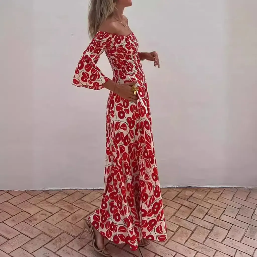 Vestido largo plisado con estampado floral para mujer Estación independiente Diseño elegante con hombros abiertos y bolsillo