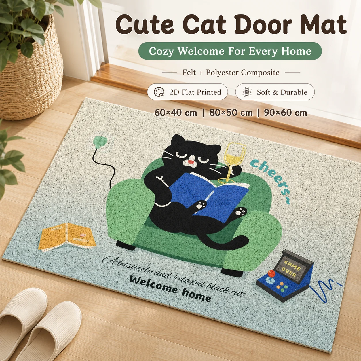

Funny Relaxed Cat Entrance Doormat Felt 2D Flat Printed Anti Slip Floor Mat Cozy Living Room Bedroom Welcome Home Rug