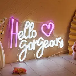 Chi-buy LED Neon Hello Gorgeous Heart USB Powered Neon Signs Night Light 3D Wall Art Bedroom Living Room Decor Lamp Signs