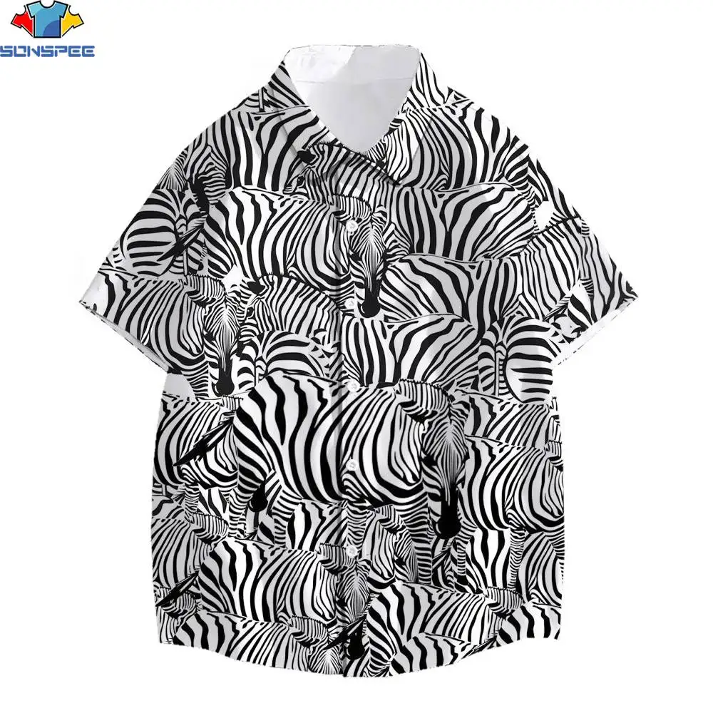 

SONSPEE 3D Print Hawaiian Shirt Men's Women's Black and White Striped Zebra Print Beach Vacation Travel Shirts Casual Party Tops