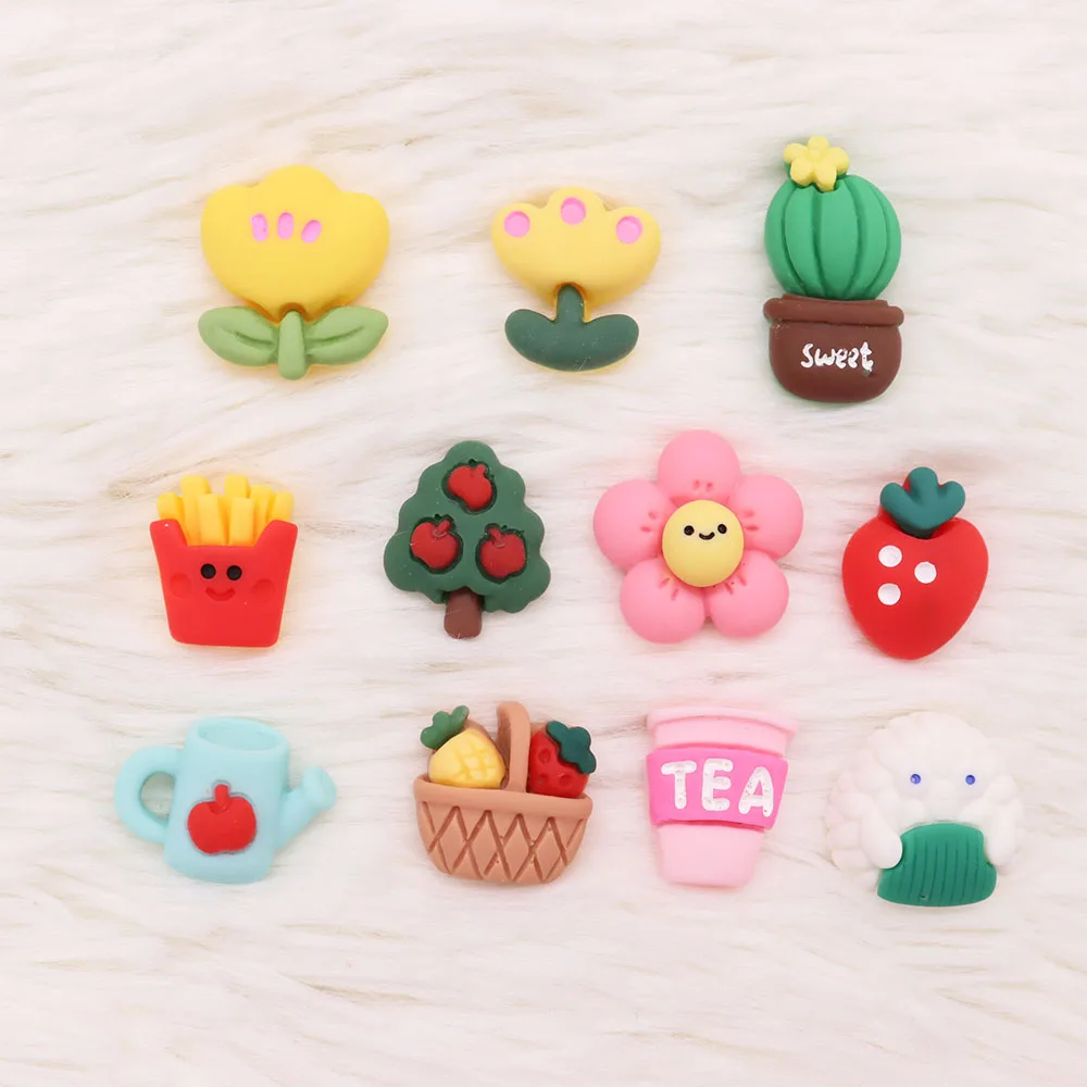 1-11PCS Resin Shoe Charms Kawaii Flower Apple Tree Fruit Fries Cactus Tea Buckle Clog Fit Wristbands Sandals Shoes Decoration