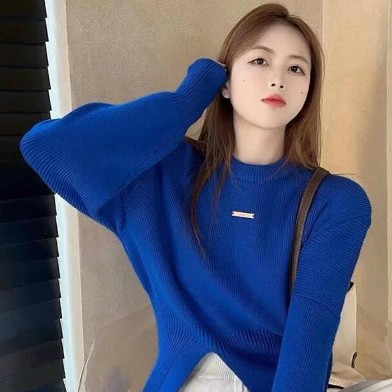 Blue Ladies Sweaters Round O Neck Knitted Top for Women Pullover Tricot Blouse Sale Winter 2024 Autumn Thermal Korean Luxury