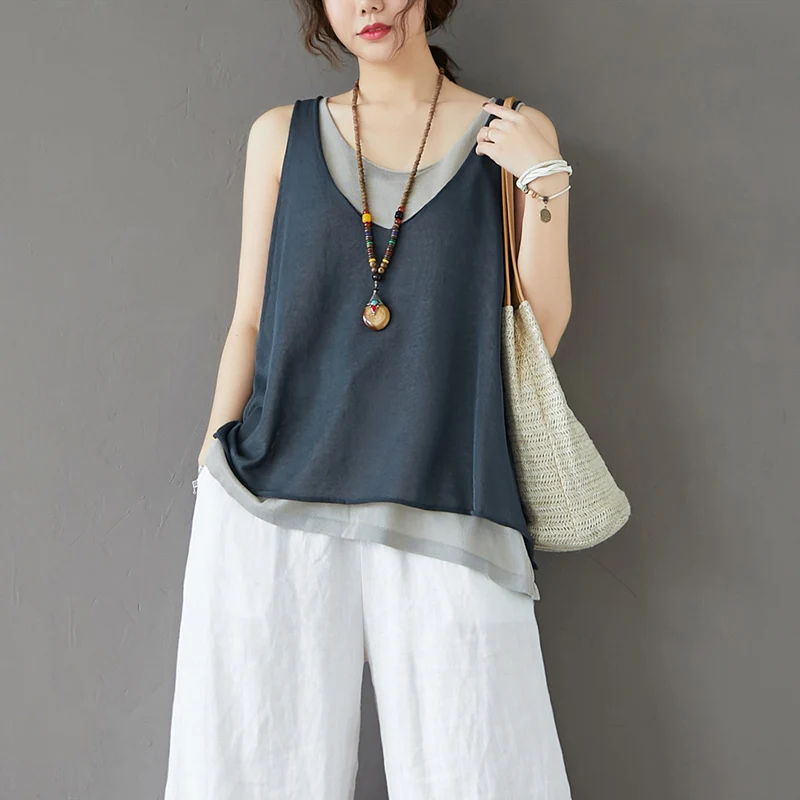 

Summer Loose plus Size Women's Cotton Linen Knitted Tank Top with Inner Strap T-Shirt Breathable Comfortable Casual Wear