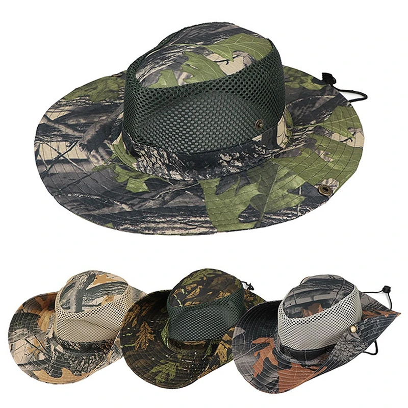 Summer Breathable Mesh Camouflage Stitching Wide Brim Bucket Hats for Men Hunting Hiking Fishing Climbing Sun Hat