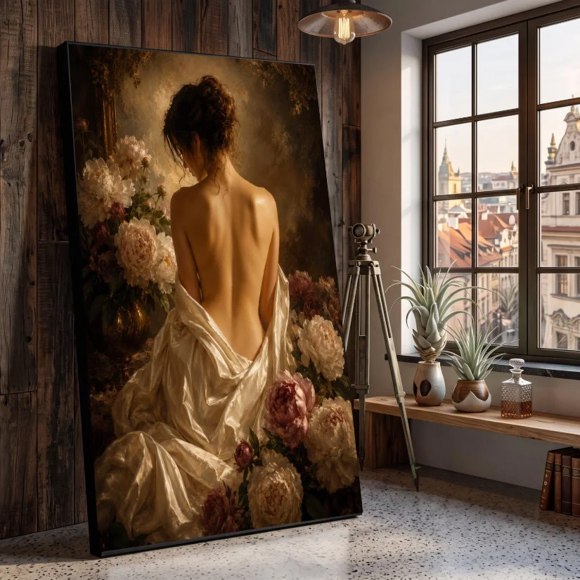 DIY 5D Diamond Painting, Vintage Back View Lady With Silky Fabric And Peony Flowers, For Home Wall Decor, Gift for Art Lovers