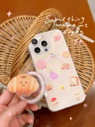 Cute Cartoon Croissant Stand Holder Cover For Iphone 15Pro 13 14 15promax 16 15 Pro Max 13ProMax 14Pro Magnetic Bread Phone Case