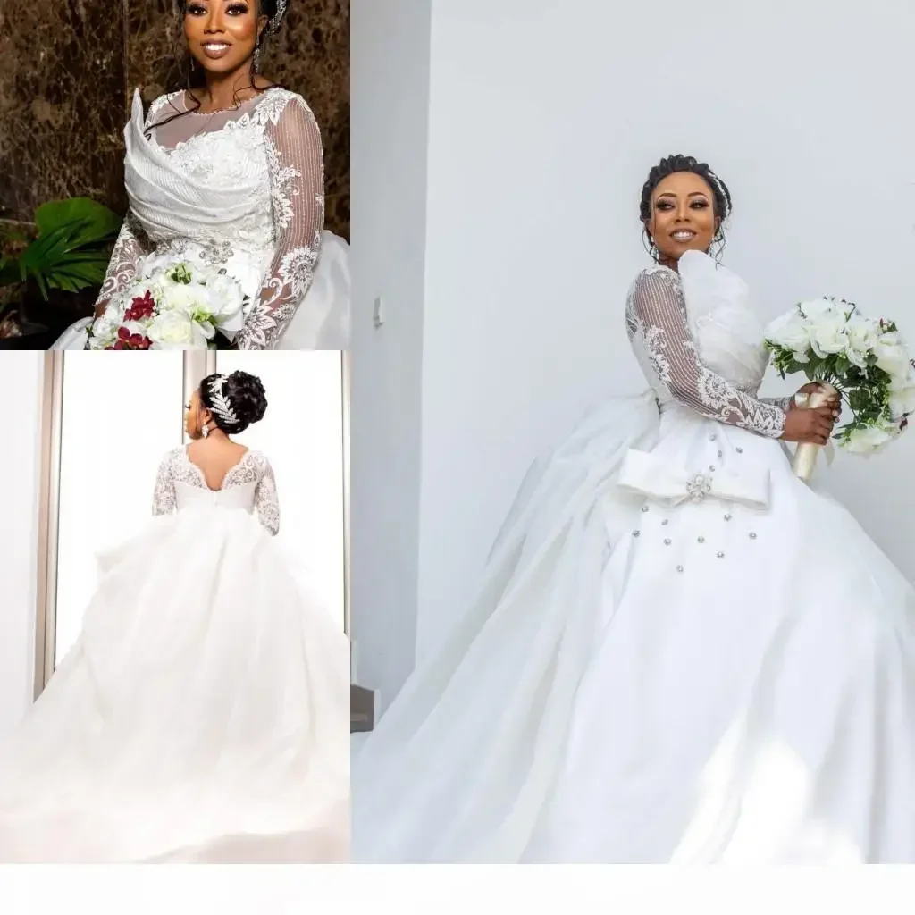 

Customized African White Long Sleeve Ball Wedding Dresses Vintage Lace Appliqued Pearl Beaded Court Train Plus Size Bridal Gowns