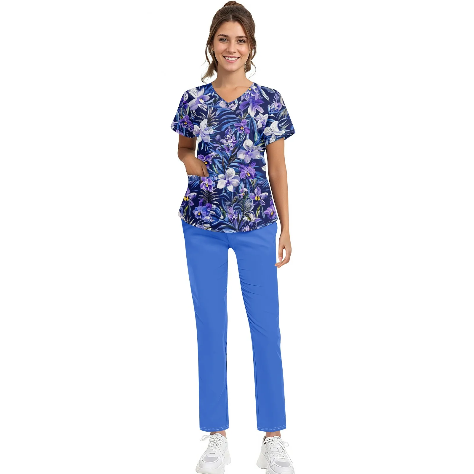 طقم زي عمل نسائي مطبوع عليه زهور تي شيرت بأكمام قصيرة وطبعة الهالوين ورقبة على شكل حرف V وسراويل طويلة ملابس العمل