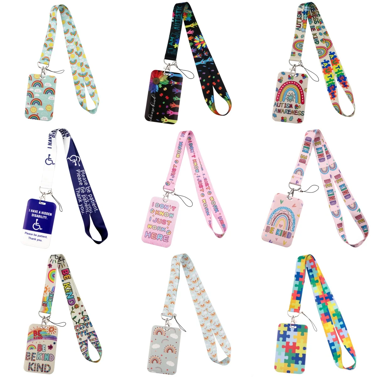 Autism Awareness ID Badge Holder Lanyards Rainbow Door Card Case Hanging Rope Neck Strap Keychain Business Card Gift