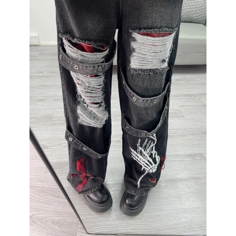 Y2k рваные повседневные джинсы для девочек в американском стиле, свободные широкие брюки длиной до пола большого размера с прямым вырезом и высокой талией