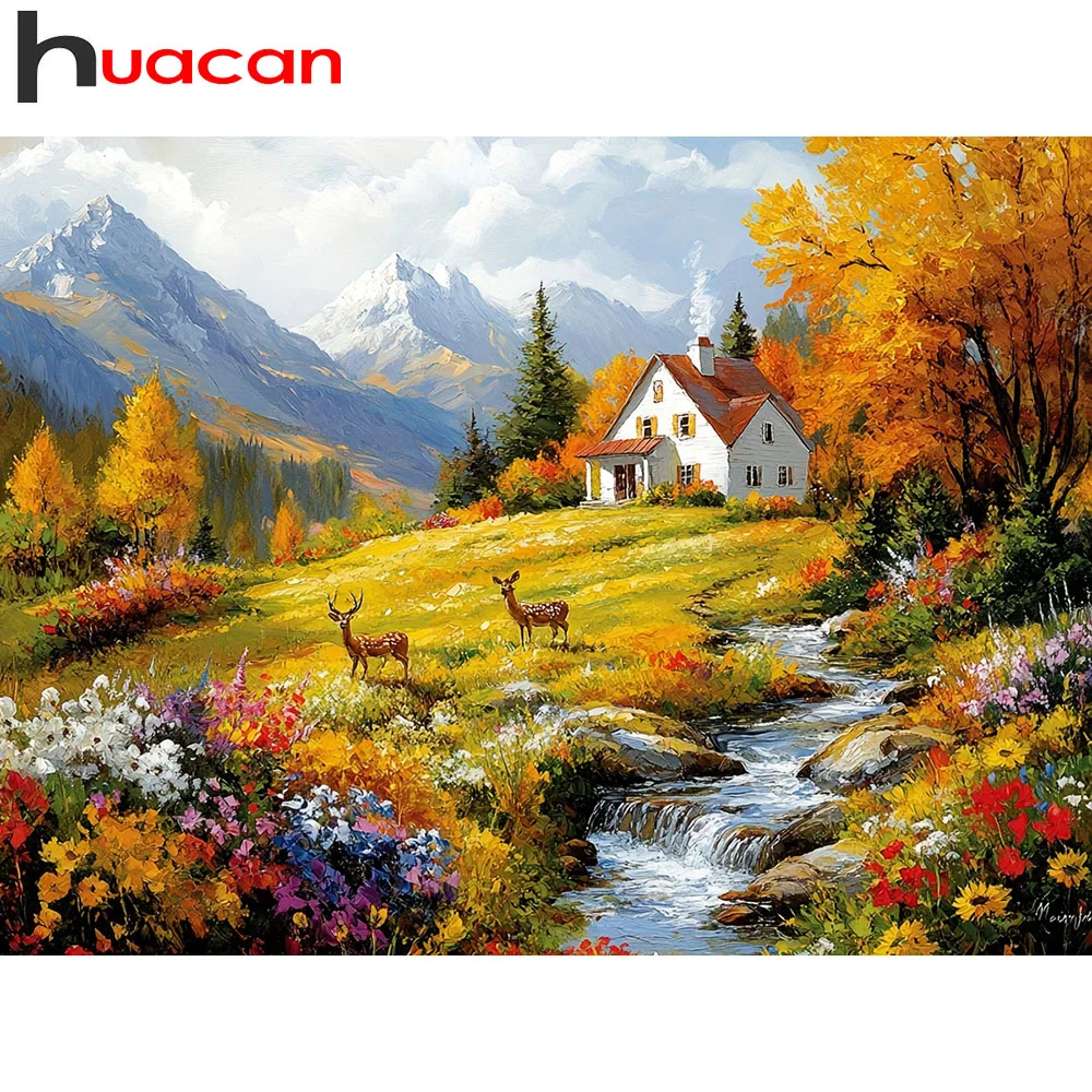 Huacan Herbstlandschaft, Diamantgemälde, Hirsch, Fluss, Blumen, Diamant-Stickerei, neue Kollektion 2025, Bild von Strasssteinen